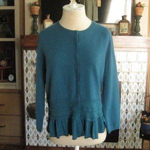 Saks Fifth Avenue Cashmere Sweater Cardigan Peplum Teal Medium 3/4 Sleeve